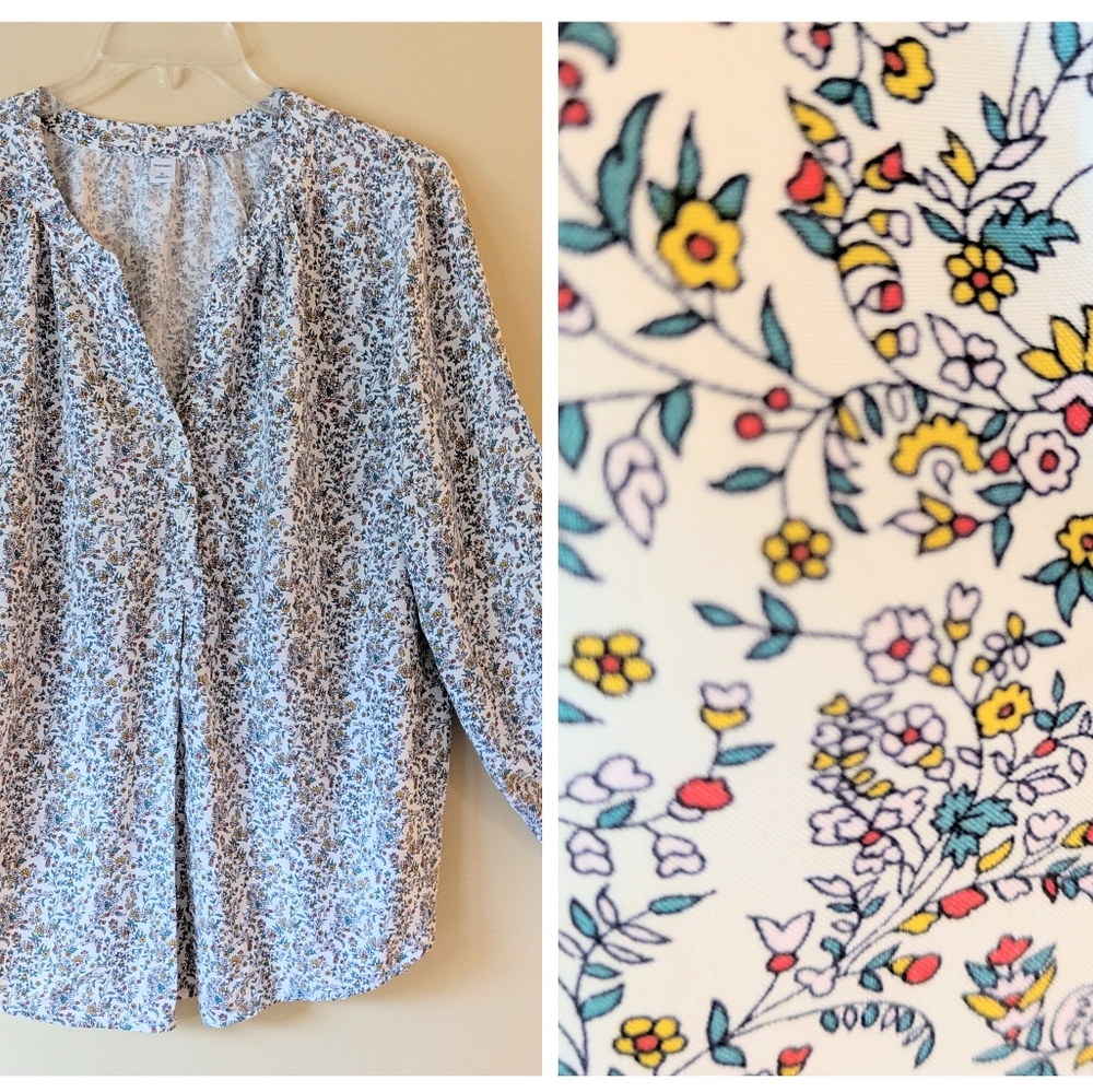 Old Navy White Top Blouse Multicolor Floral Pop-over Long Sleeves V-neck Size XL
